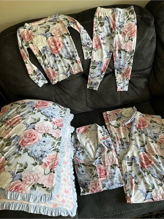Posh Peanut Adult and Toddler Floral Pastel Pajama Sets with Matching Blanket