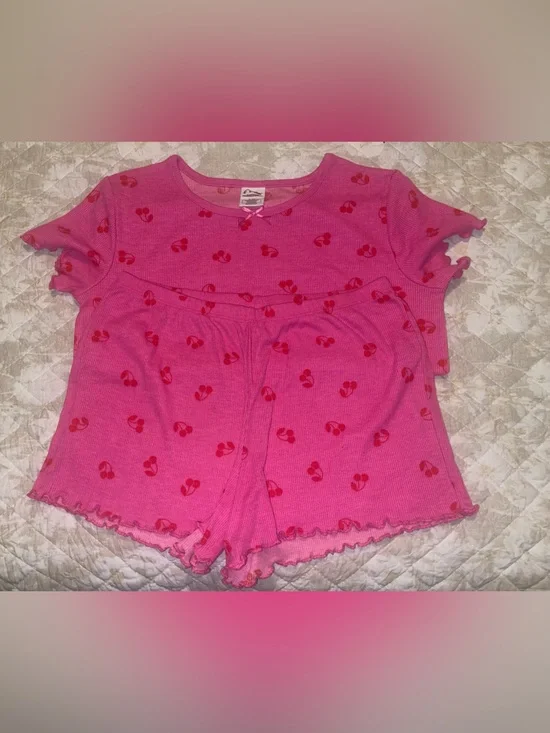 art class Pink Ribbed Cherry Print Pajama Set