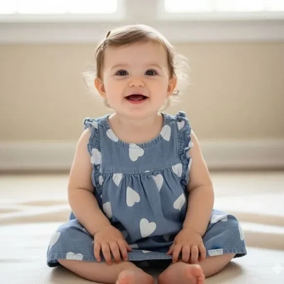 Carter's Baby Heart Print Ruffle Sleeve Denim Dress Size 18M EUC