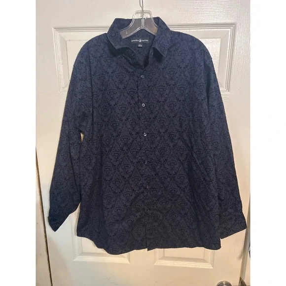 Beverly Hills Polo Club Button Down‎ Shirt Mens Large Patterned Navy Blue