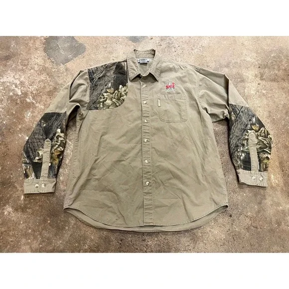 VTG Columbia Sportswear‎ Shirt Mens L Tan Camo Quilted Patch Shoulder Button Up