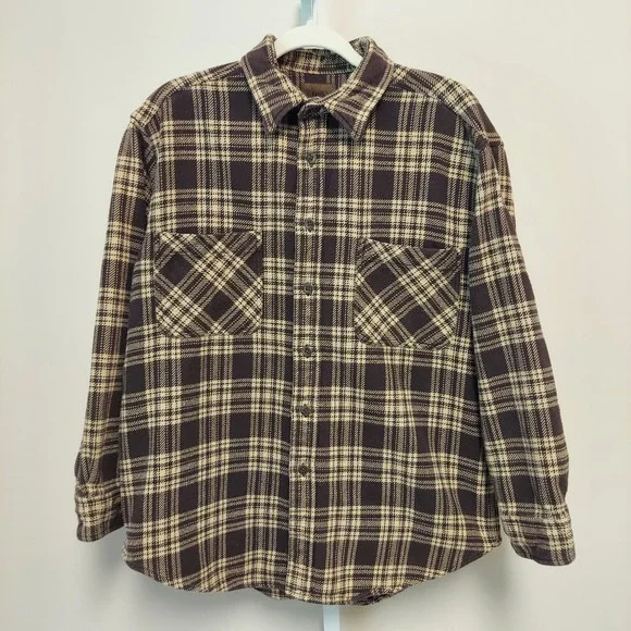 St Johns Bay Men L Brown Plaid Button Up Long Sleeve Cabin Outdoors Grunge Cabin