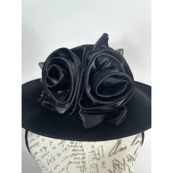 Vintage Black Wool Felt Wide Brim Dress Hat Large Satin Rose Floral Accent