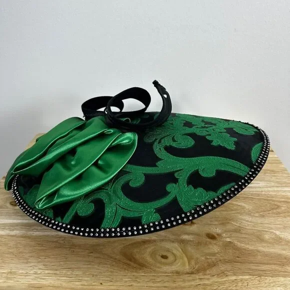 Church Derby Hat Green Black Damask Wide Brim Rhinestone Trim Satin Bow