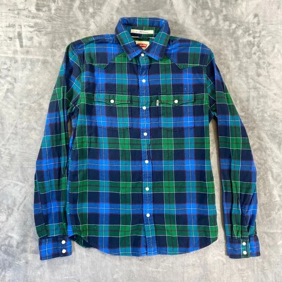Levi's Mens Pearl Snap Flannel Western Shirt‎ Size Medium Blue Green