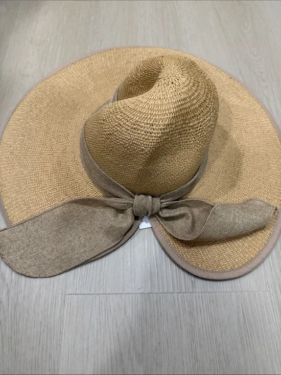 LC Lauren Conrad Natural Straw Floppy Sun Hat with Linen-Tie Bow