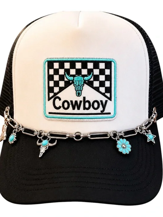 Western Cowboy Trucker Hat Charm Chain Patch Snapback Mesh Cap Turquoise O/S