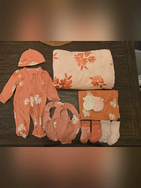 Carters Floral Peachy Coral 9 Pc Bundle Sleeper Size 3M, blankets,& More