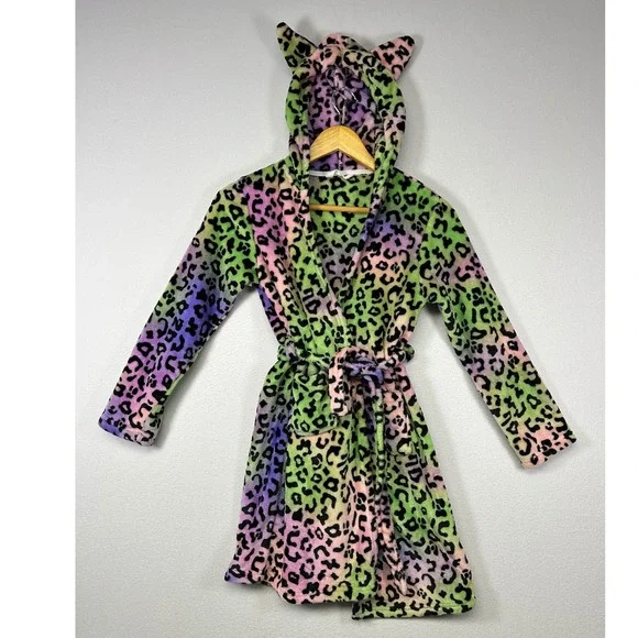 Y2K Neon Topgirl Girls Size 12 Multicolor‎ Leopard Print Hooded Robe Cat Ears