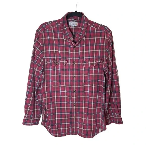 Carhartt Red Black‎ Plaid Long Sleeve Button Up 100% Cotton Men’s Size Medium