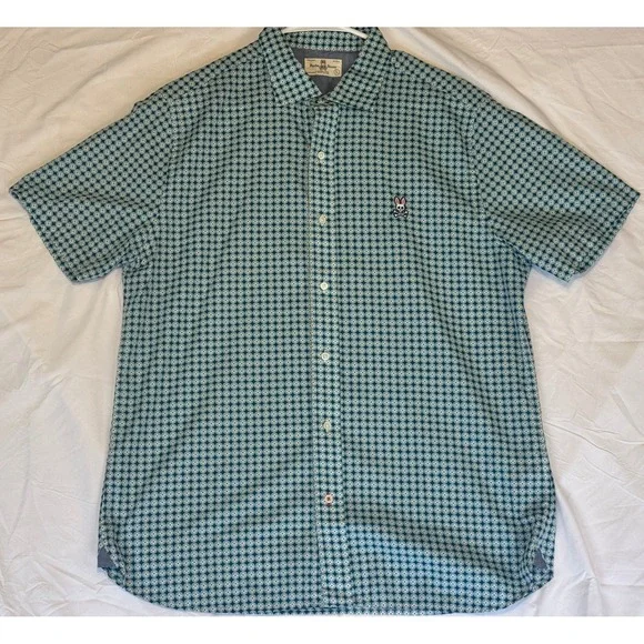 Psycho Bunny Mens Pima Cotton Geometric Print Short Sleeve Button Down Shirt L