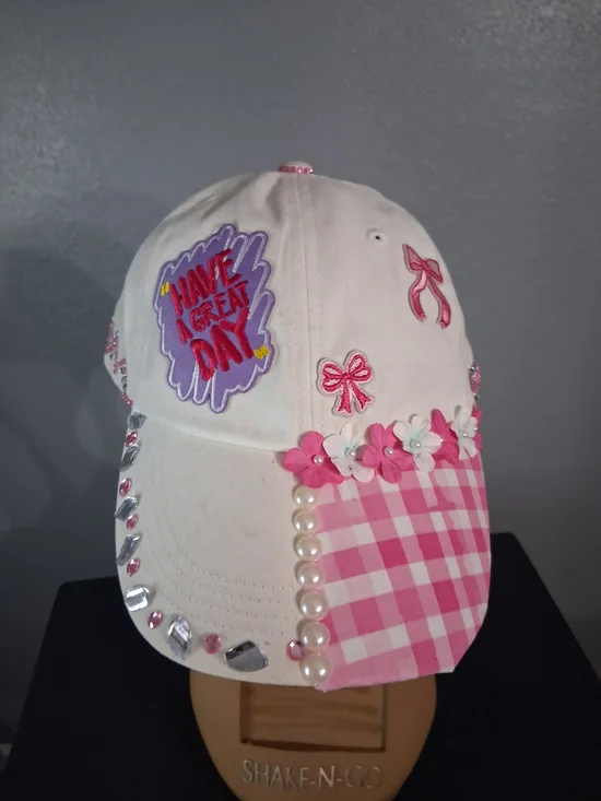 Hand Crafted White Pink Embellished Baseball Cap