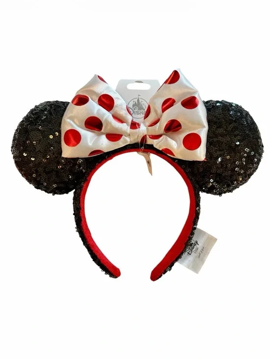 New Disney Parks Sequined Black with White Red Polka Dot Bow Ears Headband