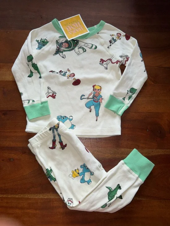 Disney Kids White Pajama Set with Mint Green Trim Toy Story‎