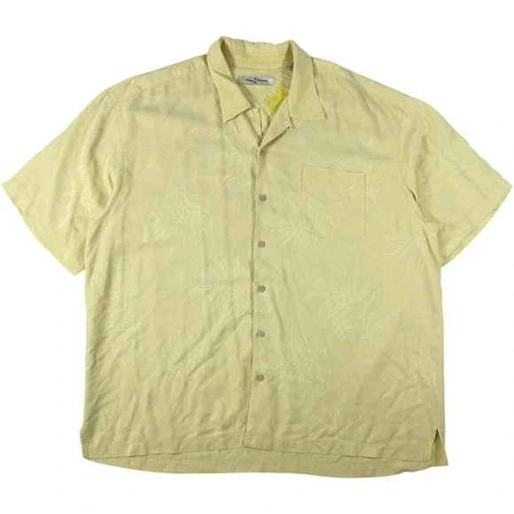 Tommy Bahama 100% Silk Camp Shirt Yellow Tropical Jacquard Button Up XXL Hawaian
