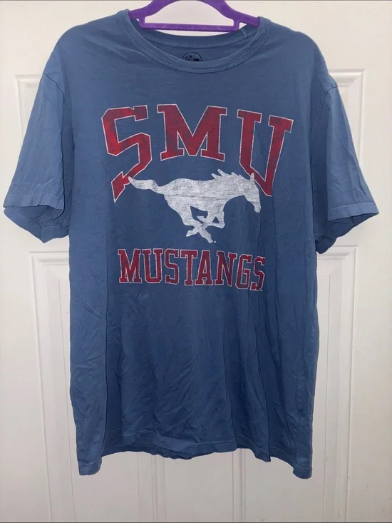 SMU Mustangs Short Sleeve Tee in Blue with Red Graphic