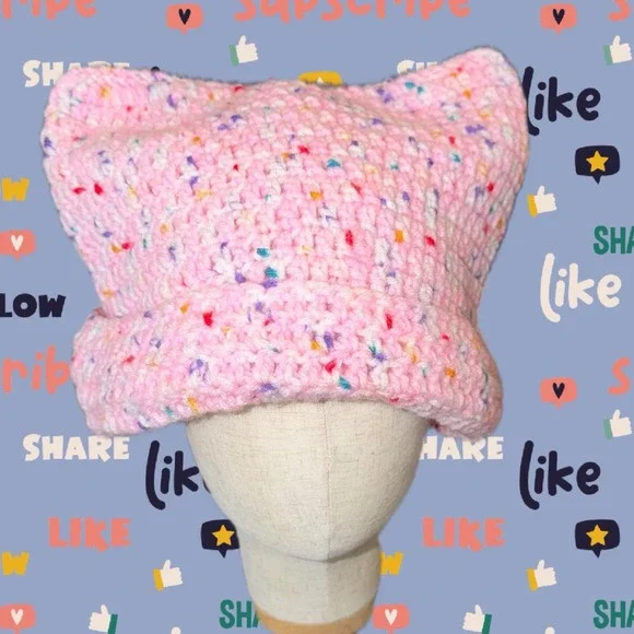 Handmade Crochet Pink Confetti Cat Ear Beanie Hat Adult Teen Gift