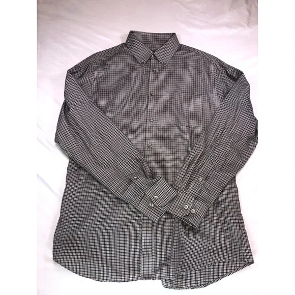 Van Heusen Mens Brown Micro Check Button Down Shirt Long Sleeve Size M 15-15.5