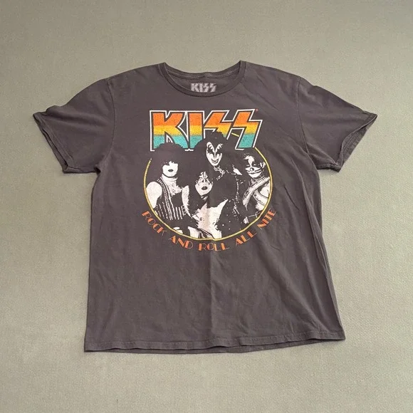 KISS Rock and Roll All Nite Graphic T-Shirt Gray Mens Large Band Tee
