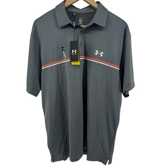 NEW‎ Under Armour Playoff Polo Large Shirt Golf Gray Orange UA 3.0 Stripe Polo