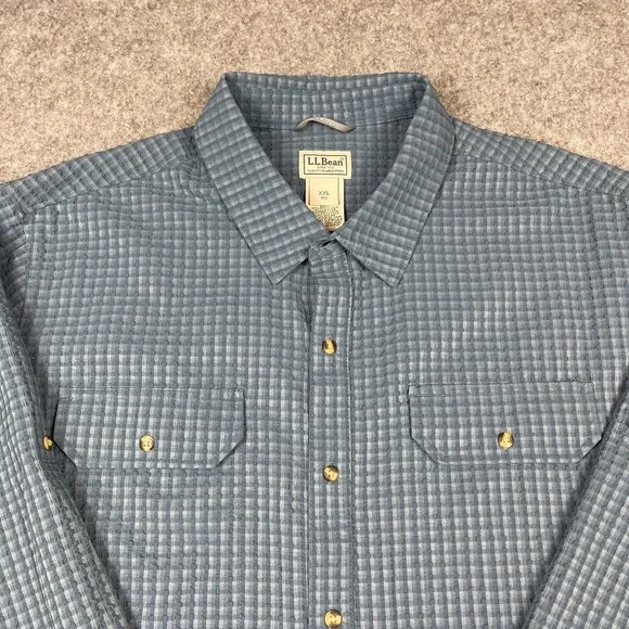LL Bean No Fly Zone Explorer Shirt‎ Mens XXL Blue Check Plaid Seersucker