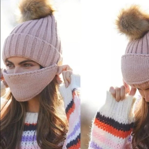 Anthropologie Faux Fur Pom  Beanie With Mask