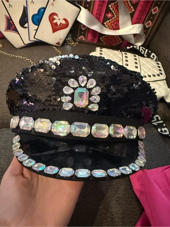 Black Sequin Embellished Women's Hat with Iridescent Gems