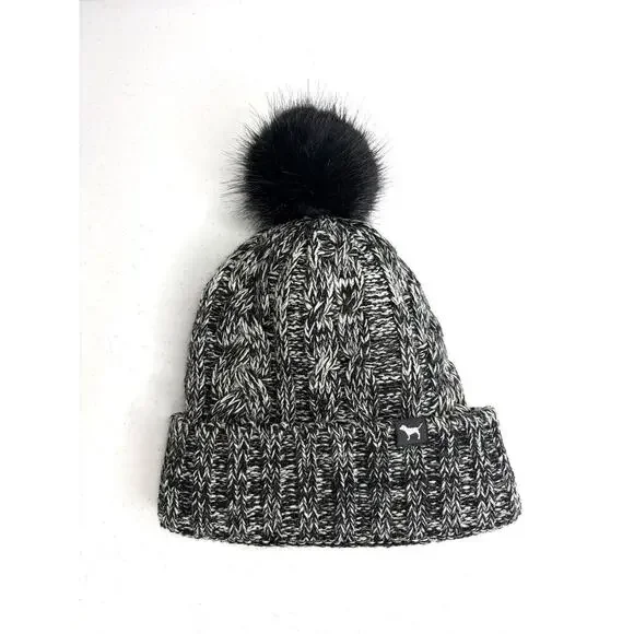 PINK Victoria's Secret Cable Knit Beanie Pom Pom Sherpa Lining Cozy Cabincore