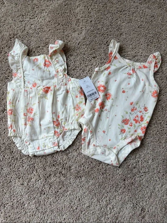 Carter's Cream Baby Girl Floral Romper with Coral Accents