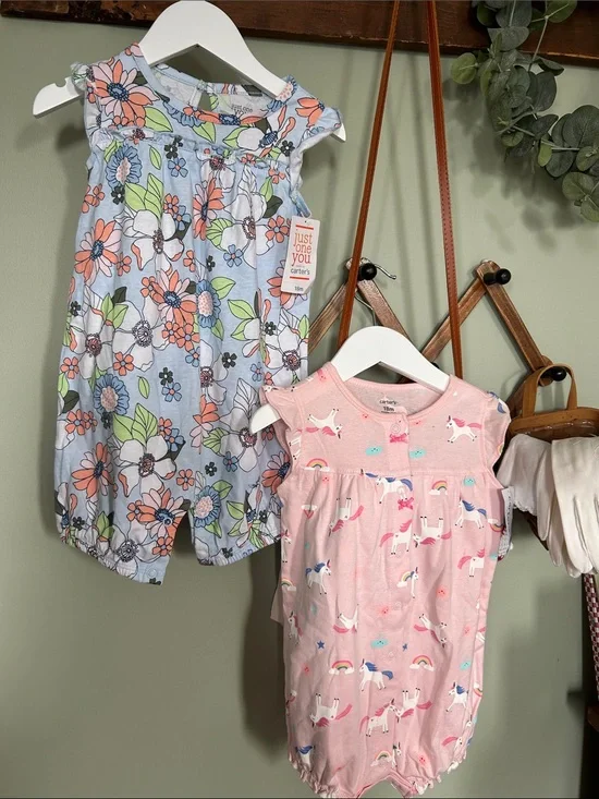 Carter's Pink Unicorn and Light Blue Floral Baby Rompers Set