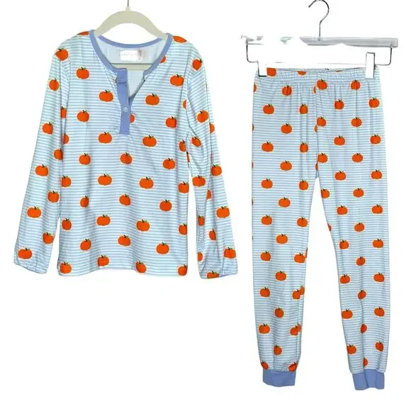 Cecil and Lou 8 Blue Striped Pumpkin Print Pajamas 2 Piece Set Fall Autumn
