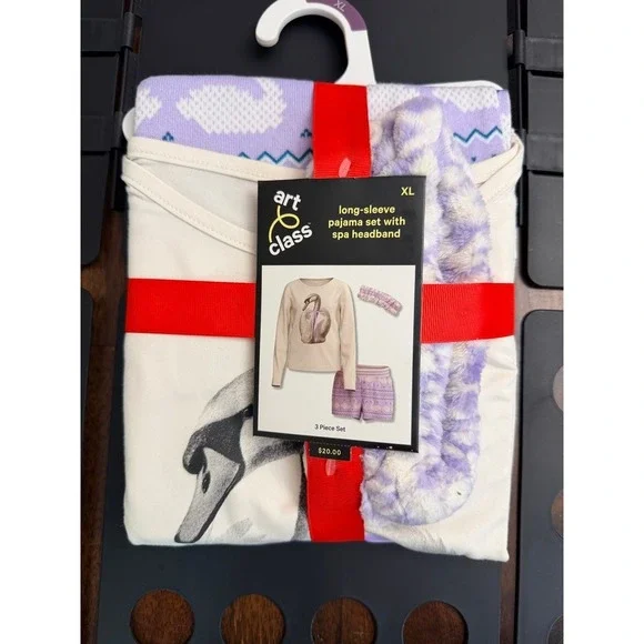 Art Class Pajama Set Girls XL Cream Purple Swan 3pc Top Shorts Headband NWT