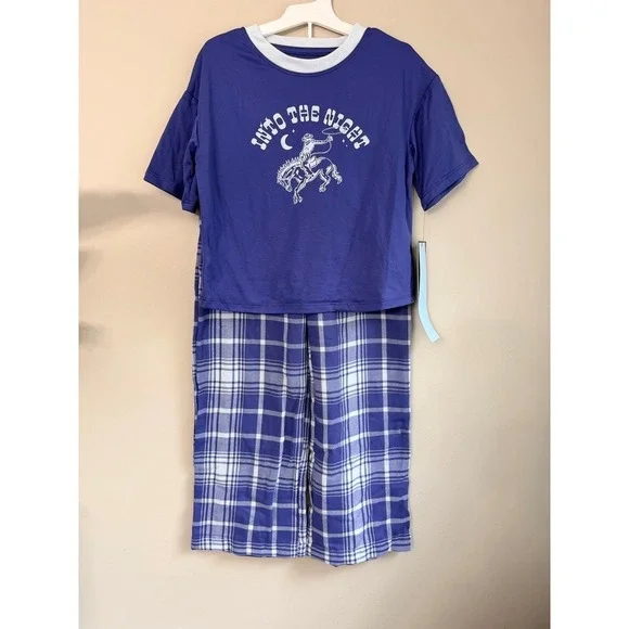 Art Class Pajama Set Boys Size S 6/7 Blue Plaid Into The Night Cowboy NWT