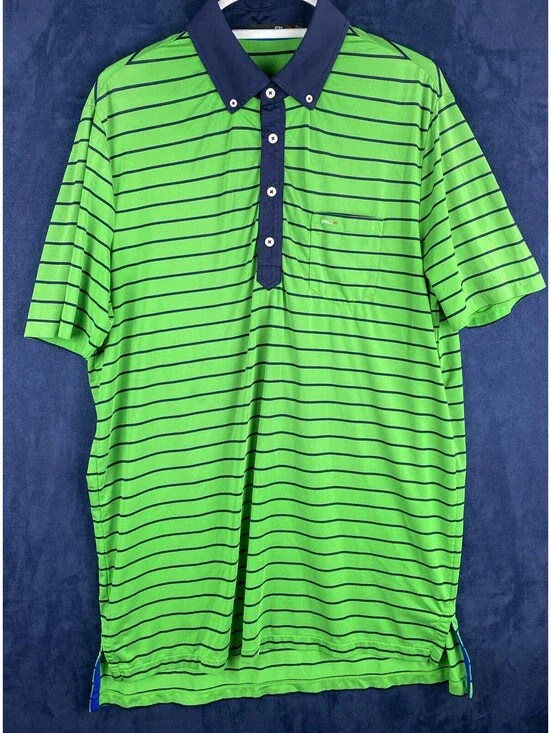 RLX Ralph Lauren Mens Sz Large Green Navy Striped Stretch Golf Polo Shirt