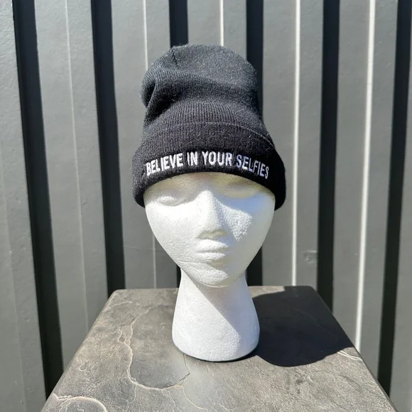 UNIF “Believe in Your Selfies” Black Acrylic Beanie