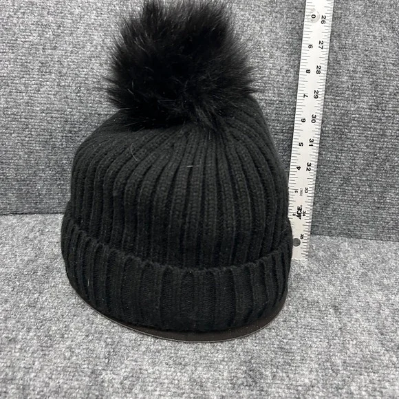DKNY Black Ribbed Knit Beanie Faux Fur Pom Pom Fleece Lined Winter Hat OS