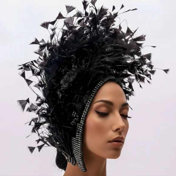 Beloved Millinery Fabulous Black Jeweled Feathered Fascinator Hat Kentucky Derby