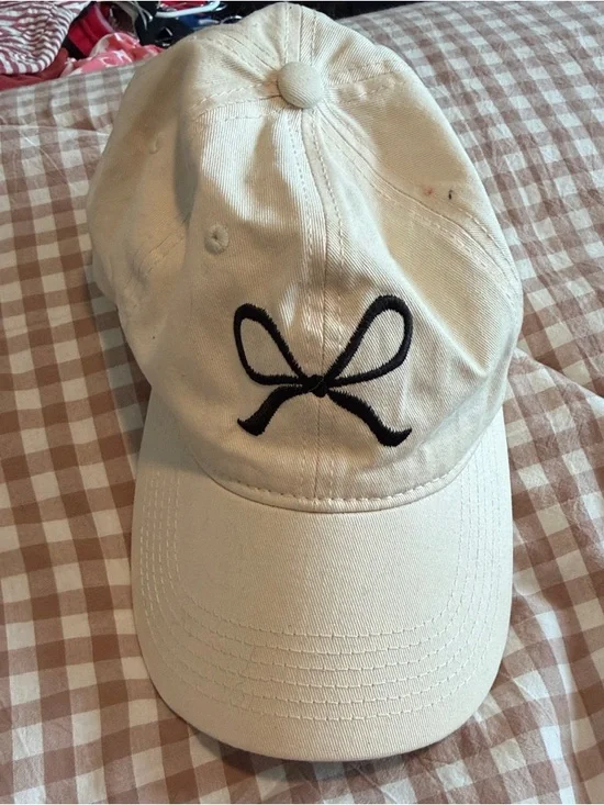 Ivory Baseball Cap with Black Bow Embroidery
