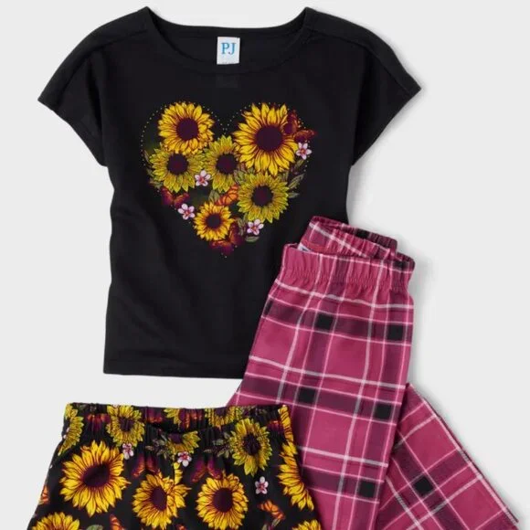 NWT The Children’s Place Girls Sunflower 3-Piece Pajama Set - black