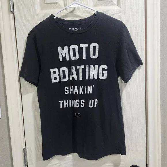 Fox Moto Boating T Shirt Men's Small Slim Fit Black Cotton Graphic Tee‎