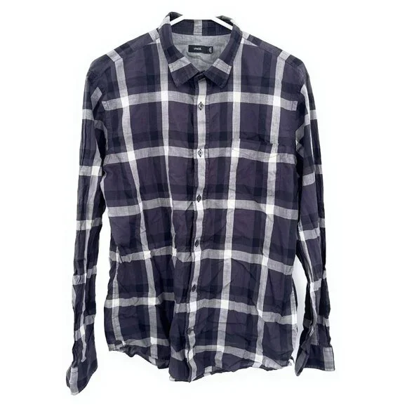 Vince Mens Large Plaid Shirt Purple Long Sleeve‎ Lightweight Sheer