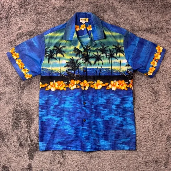 Winnie Fashion Mens L Hawaiian Shirt Blue Palm Tree Hibiscus Sunset Made Hawaii