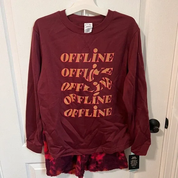 Art Class Girls Burgundy Offline Graphic Fleece Pajama Set L 12 14 Sleepwear NWT