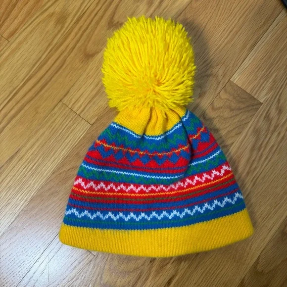 Vintage Beanie Pom Pom Knit Winter Hat Colorful Yellow Adult One Size