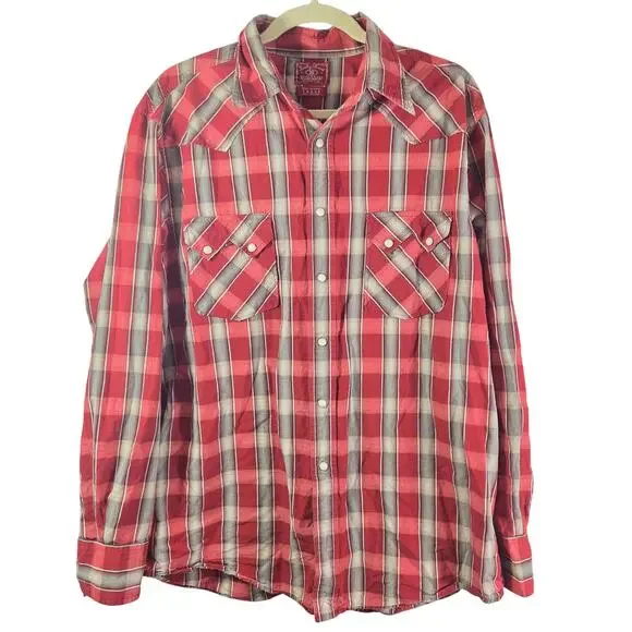 Lucky Brand Red Plaid western pearl snap cowboy long‎ sleeve button up
