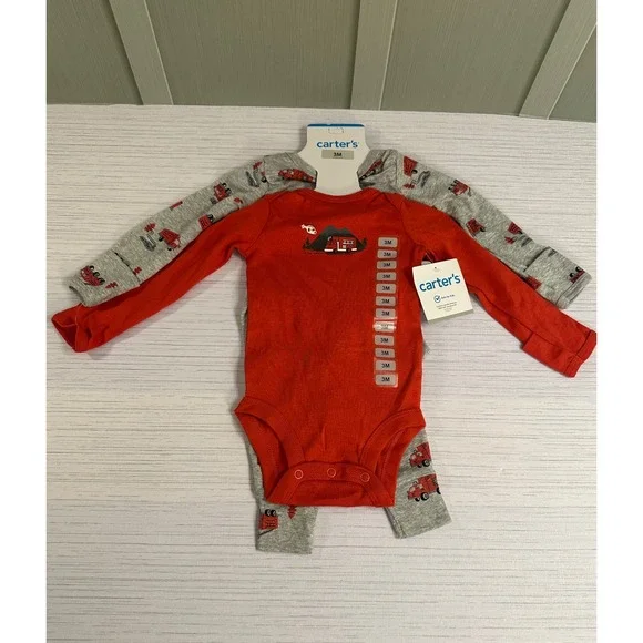Carters Infant 3M 3pc Outfit Set Red Grey Fire Truck Rescue Bodysuits Pants NEW