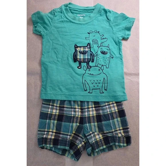 Carters Baby Boy 6M 2 Piece Set Monster Graphic Tee and Plaid Shorts Teal Blue