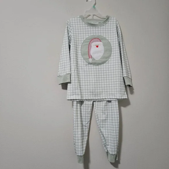Moo-Cow Designs Kids Santa Gingham Pajama Set Sage Green Christmas‎ 5-6T