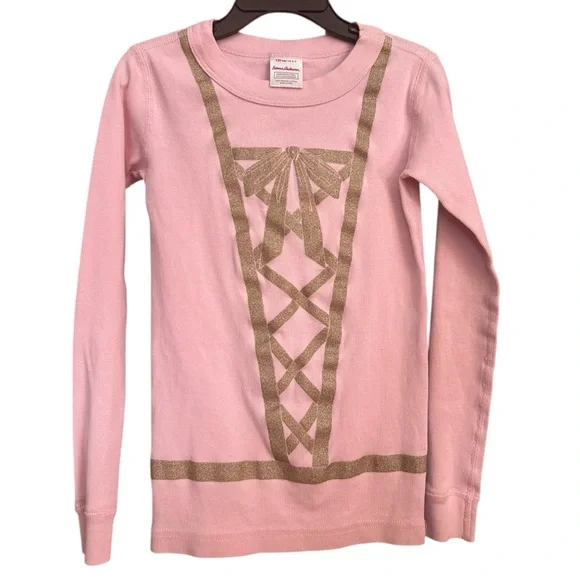 Hanna Andersson 100% Organic‎ Cotton Pajama Top Pink Gold Bow Sparkles Size 6/7