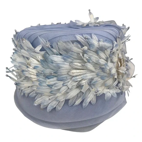 Vintage Women's Pillbox Hat Blue Chiffon Floral Fabric‎ Petals 60s Church Retro